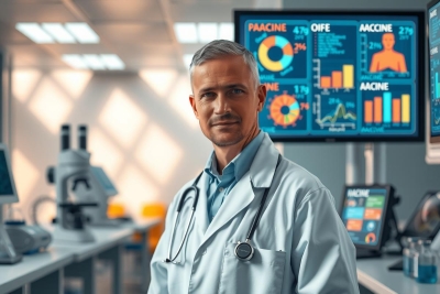 The image shows a medical professional in a modern, well-equipped healthcare facility. The person is standing in front of a wall with multiple monitors displaying various medical graphs and charts. The individual appears to be dressed in a white coat, which signifies their role as a doctor or medical professional.