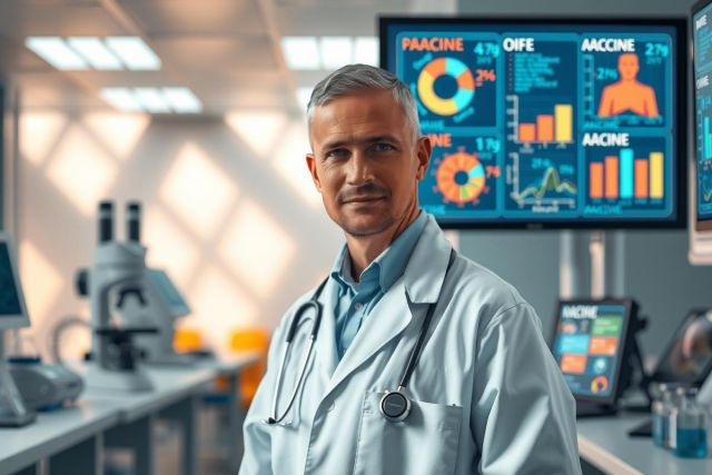 The image shows a medical professional in a modern, well-equipped healthcare facility. The person is standing in front of a wall with multiple monitors displaying various medical graphs and charts. The individual appears to be dressed in a white coat, which signifies their role as a doctor or medical professional.