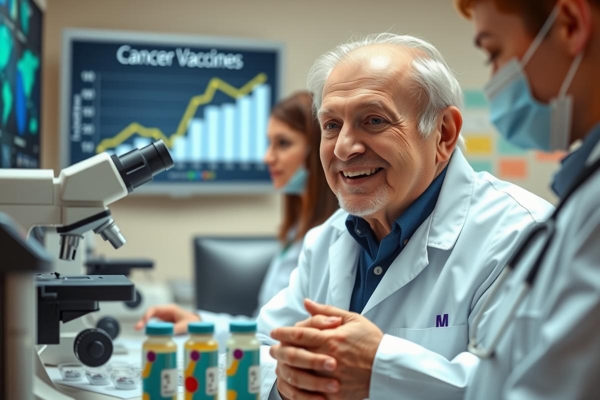In a well-lit medical research lab, an older man wearing a white coat is engrossed in viewing microscopic slides through a microscope. He appears to be laughing with joy or amusement at something he sees on the slide. Around him are younger scientists, each absorbed in their own work at their respective desks.