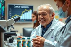 In a well-lit medical research lab, an older man wearing a white coat is engrossed in viewing microscopic slides through a microscope. He appears to be laughing with joy or amusement at something he sees on the slide. Around him are younger scientists, each absorbed in their own work at their respective desks.