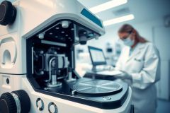 Laboratory equipment, possibly a centrifuge or similar device, in a cleanroom or lab setting. A person in a lab coat and mask is visible in the blurred background. Focus on precision instruments and scientific research.