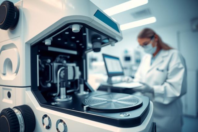 Laboratory equipment, possibly a centrifuge or similar device, in a cleanroom or lab setting. A person in a lab coat and mask is visible in the blurred background. Focus on precision instruments and scientific research.