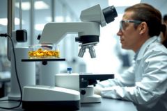 Scientist working in a lab, examining a sample under a microscope. Focus on research, analysis, biology, and scientific discovery. White lab coat and equipment visible.