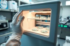 Laboratory setting with petri dishes inside an incubator. A gloved hand is visible near the equipment. Science, microbiology, research, and lab environment are key themes.
