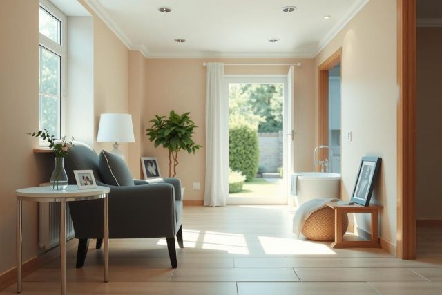Bright, sunlit living room interior with comfortable seating, a warm color palette, and views of a lush garden through French doors.  A cozy and inviting space with elegant decor.