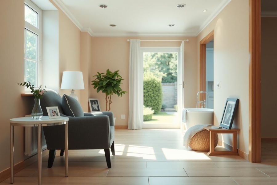 Bright, sunlit living room interior with comfortable seating, a warm color palette, and views of a lush garden through French doors.  A cozy and inviting space with elegant decor.