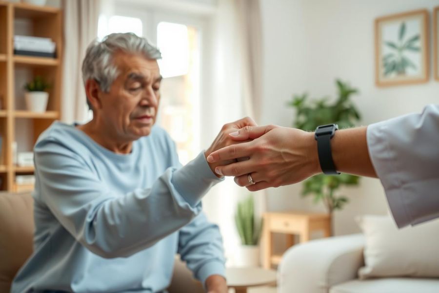 A man receiving help from another. Warm lighting and a cozy living room setting create a heartwarming scene. Focus on connection and generosity.