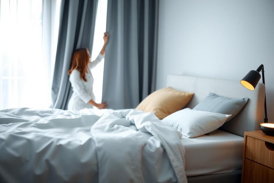 Woman adjusting curtains in a bright bedroom. Features a cozy bed with pillows, a bedside table with a lamp, and a minimalist aesthetic. Soft natural light and a calming color palette create a serene atmosphere.