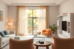 Bright living room interior with a comfortable sofa, accent chair, and TV. Warm color palette with natural light streaming through sheer curtains. Modern design featuring plants and minimalist decor.