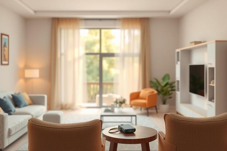 Bright living room interior with a comfortable sofa, accent chair, and TV. Warm color palette with natural light streaming through sheer curtains. Modern design featuring plants and minimalist decor.