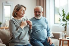 Senior couple at home, discussing medication. Woman holds a cream tube, while the man observes. Cozy living room setting with natural light and a calming, neutral color palette. Focus on health, aging, and caregiving.