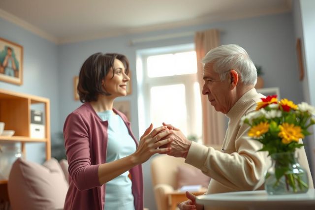 A heartwarming moment: a younger woman tenderly holds the hands of an elderly man in a cozy living room setting. Soft light and warm colors create a sense of comfort and connection. A vase of flowers adds a touch of vibrancy to the scene.