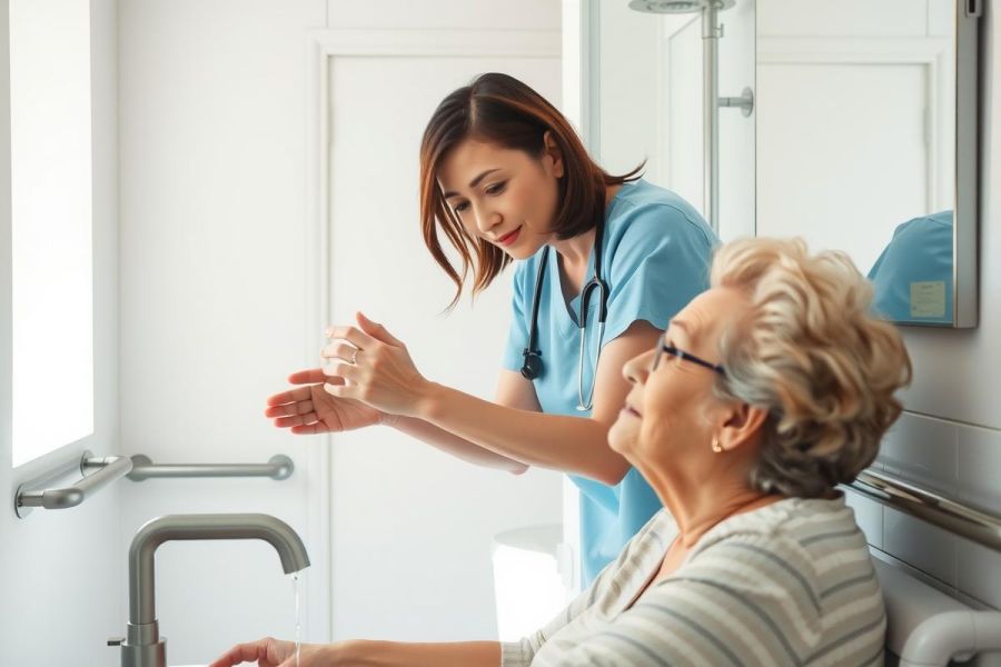 A healthcare worker assists an elderly woman in a bathroom. The scene depicts caregiving, with a focus on senior health and hygiene. The bathroom features a window and grab bars.