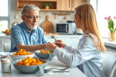 A caring woman feeds a senior man in a bright kitchen. They are sharing a meal, likely soup, in a warm and inviting setting with natural light.