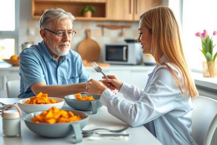 A caring woman feeds a senior man in a bright kitchen. They are sharing a meal, likely soup, in a warm and inviting setting with natural light.