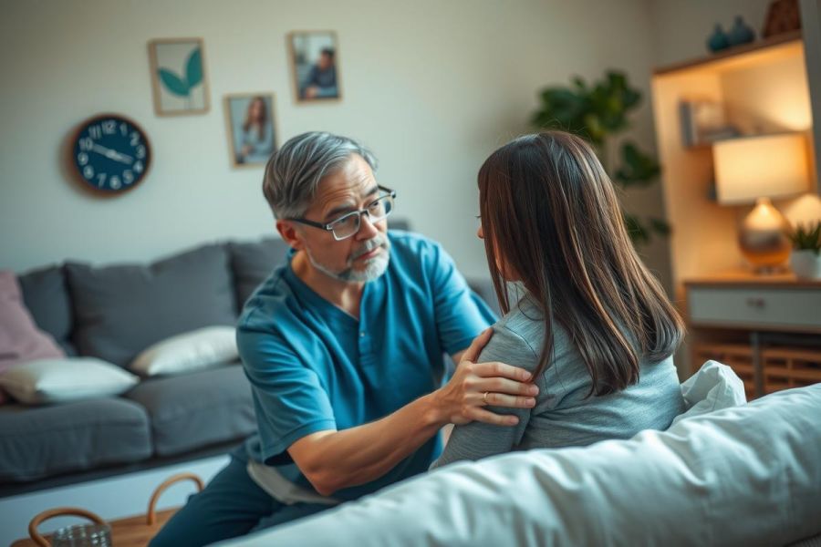 In this image, a man in a blue medical uniform is seated on the edge of a couch. He appears to be attentively listening or speaking with a woman who is sitting across from him.