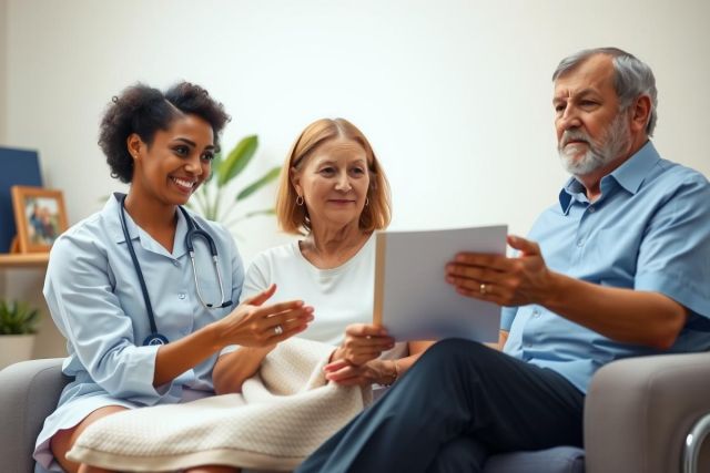 A healthcare professional visits an elderly couple at home, reviewing a document. Focus on senior care, home health, and patient consultation. Warm lighting and a comfortable living room setting.