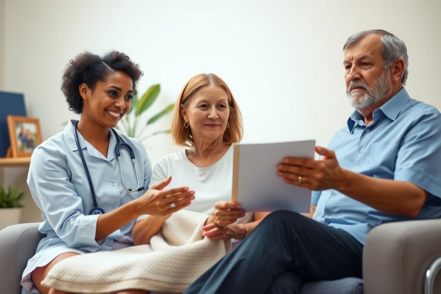 A healthcare professional visits an elderly couple at home, reviewing a document. Focus on senior care, home health, and patient consultation. Warm lighting and a comfortable living room setting.