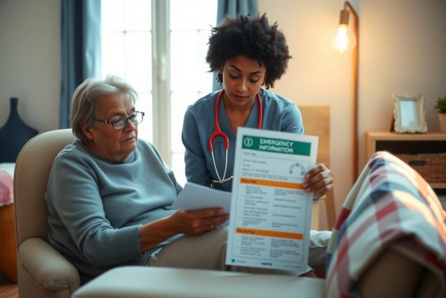 A healthcare professional examines a patient's documents in a brightly lit living room setting. The scene showcases a caring medical consultation, highlighting patient care and wellness. Warm colors and a comfortable environment create a sense of trust.