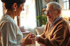 A kind caregiver gently holds the hand of an elderly man in a warm, brightly lit living room. The scene conveys care, comfort, and connection. Focus on senior care, compassion, and intergenerational relationships.