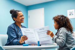 Doctor and young patient discussing a safety plan in a bright blue medical office. The image shows a healthcare professional reviewing documents with a child, promoting health and wellness. Focus on medical consultation and child safety.