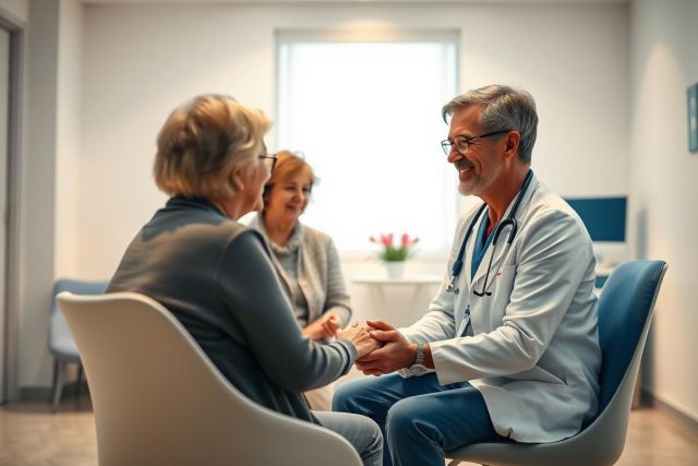 Doctor in white coat comforts elderly patient and her companion in a bright, modern clinic setting. Healthcare, empathy, and patient care are key themes. Warm tones and a supportive atmosphere.