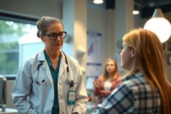 A female doctor in a white coat and stethoscope speaks with a patient in a medical office. The scene features warm lighting and a professional, caring atmosphere.