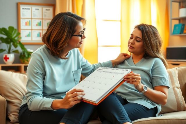 A woman, wearing a blue shirt and glasses, sits on a beige couch. She is holding an orange book with a medical symbol on the cover while another woman beside her is reading from a clipboard. Both women are engaged in a discussion possibly related to healthcare or organizing daily activities.