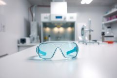 Close-up of blue safety glasses on a white lab bench. The background shows a modern science laboratory with equipment and shelving, suggesting research or a cleanroom environment. Predominant colors are blue and white, emphasizing a sterile and technological setting.