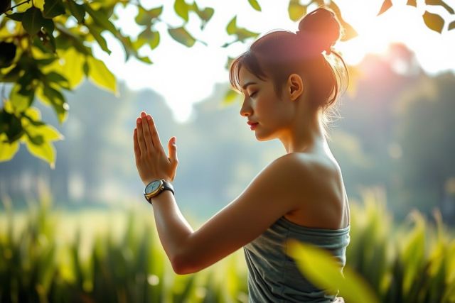 A young woman is seen in a meditative pose with her hands clasped together, possibly practicing yoga or mindfulness. She has dark hair tied back and is dressed in light-colored clothes.