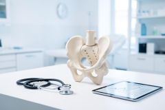 A detailed anatomical model of a human pelvis sits on a white desk in a bright, modern medical clinic. A stethoscope and a digital tablet displaying a medical graph are placed nearby. The clean, professional setting with soft blue and white tones is ideal for orthopedic, healthcare, and medical diagnostic themes.
