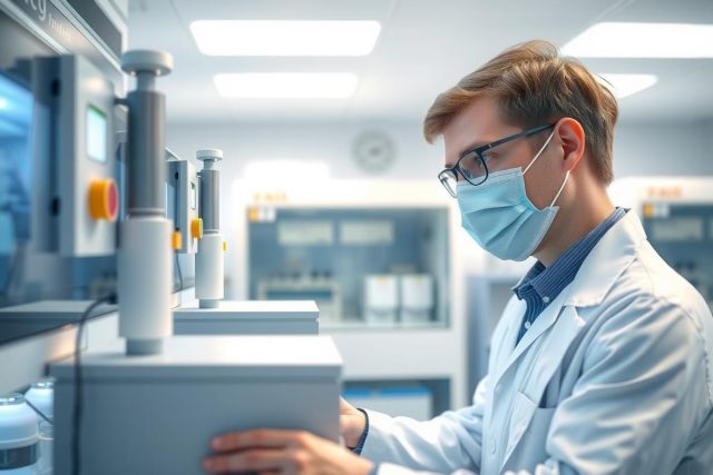 A lab technician wearing a mask and lab coat operates equipment in a modern laboratory. The scene showcases a clean, sterile environment with visible machinery and a focus on scientific work.