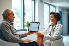 Doctor shows patient medical information on a tablet during a consultation. Healthcare professional and senior man in a modern clinic setting. Focus on patient care and digital health technology.