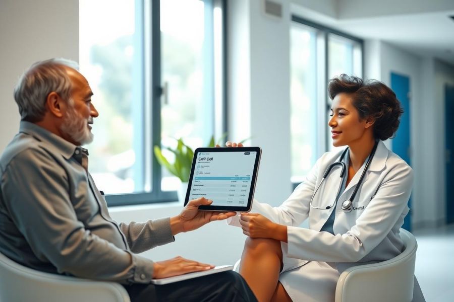 Doctor shows patient medical information on a tablet during a consultation. Healthcare professional and senior man in a modern clinic setting. Focus on patient care and digital health technology.