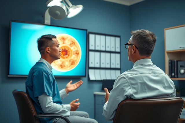 Two doctors discuss a medical image displayed on a screen in a clinic setting. The image shows a detailed anatomical view. The scene suggests a consultation or diagnosis review.