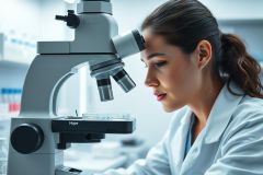 Female scientist in a white lab coat examines a sample under a microscope in a modern laboratory. Focus on scientific research, medical analysis, and laboratory equipment with a clean, bright aesthetic.  