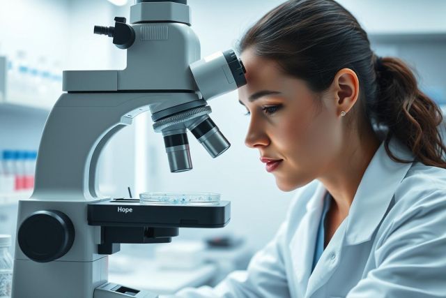 Female scientist in a white lab coat examines a sample under a microscope in a modern laboratory. Focus on scientific research, medical analysis, and laboratory equipment with a clean, bright aesthetic.  