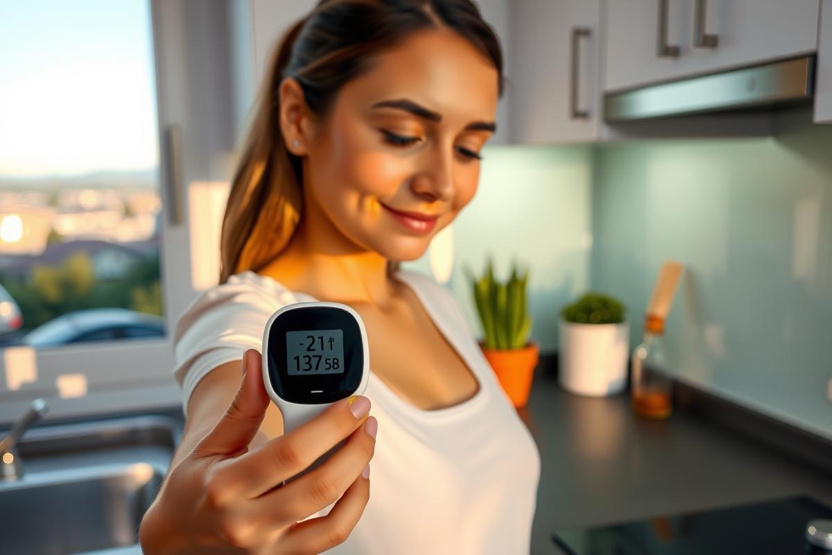 A young woman in a kitchen, holding a smartwatch and smiling. She appears to be showing off the device or checking its data.