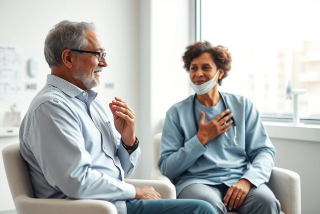 Doctor consults with a senior patient in a bright, modern medical office. The scene features a smiling elderly man and a healthcare professional wearing a mask and stethoscope, conveying trust and care. Blue and neutral tones dominate the image, highlighting a positive healthcare experience.