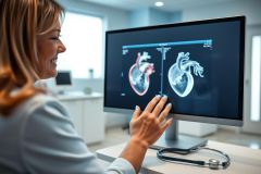 Female doctor examining a heart scan on a computer monitor in a modern medical office. The image features a bright, clean environment with a stethoscope nearby. Focus is on diagnostic imaging and healthcare technology, with shades of blue and white dominating the scene.