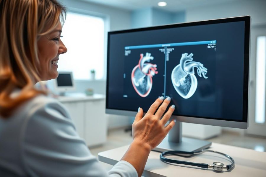 Female doctor examining a heart scan on a computer monitor in a modern medical office. The image features a bright, clean environment with a stethoscope nearby. Focus is on diagnostic imaging and healthcare technology, with shades of blue and white dominating the scene.