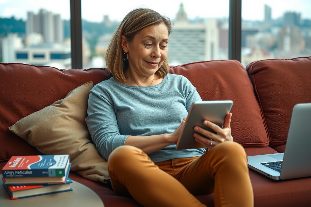 A woman is comfortably seated on a couch, engrossed in her work on a tablet computer. She's wearing casual clothes and has a warm smile on her face. The environment around her suggests a relaxed, homey atmosphere. This image captures the modern trend of remote working or digital nomadism.