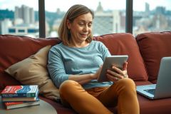 A woman is comfortably seated on a couch, engrossed in her work on a tablet computer. She's wearing casual clothes and has a warm smile on her face. The environment around her suggests a relaxed, homey atmosphere. This image captures the modern trend of remote working or digital nomadism.