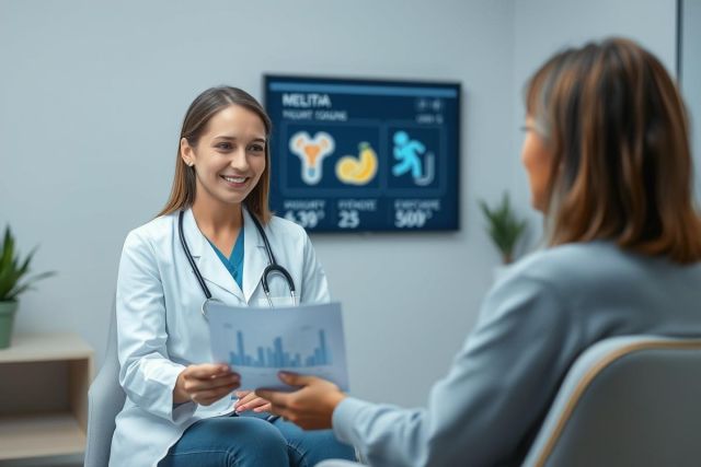 A smiling female doctor in a white coat and stethoscope discusses medical results with a patient in a modern clinic. The image shows a graph and a digital display with health icons, suggesting fertility or reproductive health consultation. Blue and white tones dominate the scene.