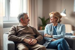 Senior man and female doctor having a consultation in a bright, modern living room. Warm tones and natural light create a comforting atmosphere. Focus on healthcare, elderly care, and patient-doctor interaction.