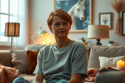 A woman is seated on a couch in a living room. She is wearing casual clothes and looking off to the side with a thoughtful expression.