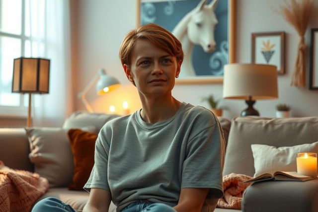 A woman is seated on a couch in a living room. She is wearing casual clothes and looking off to the side with a thoughtful expression.