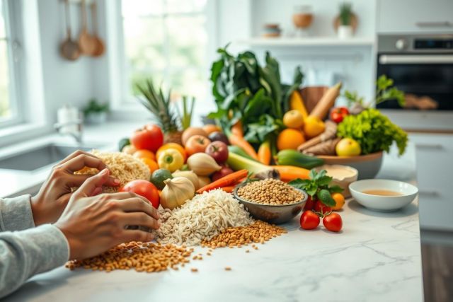 Abundance of fresh produce and grains on a kitchen counter. Colorful fruits, vegetables, rice, and lentils are displayed, suggesting healthy eating and meal preparation in a bright, modern kitchen setting. Focus on natural ingredients and a wholesome lifestyle.