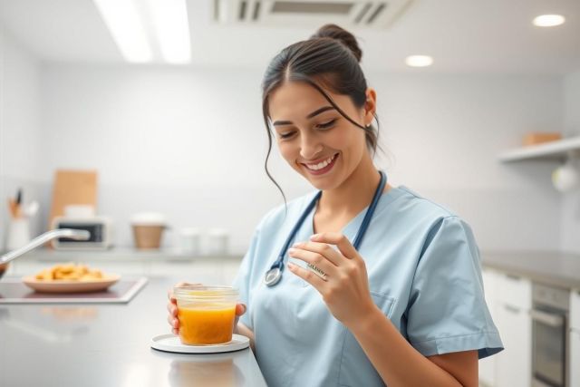 Smiling nurse in light blue scrubs enjoys a healthy breakfast in a modern kitchen. She holds a glass of orange juice, with fruit on the counter. A stethoscope hangs around her neck, suggesting healthcare and wellness themes. Bright, clean environment.