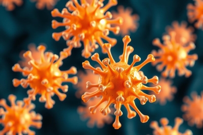 The image displays a close-up view of virus particles with an orange color and spiky protrusions. These particles are commonly associated with illnesses such as the common cold or flu.